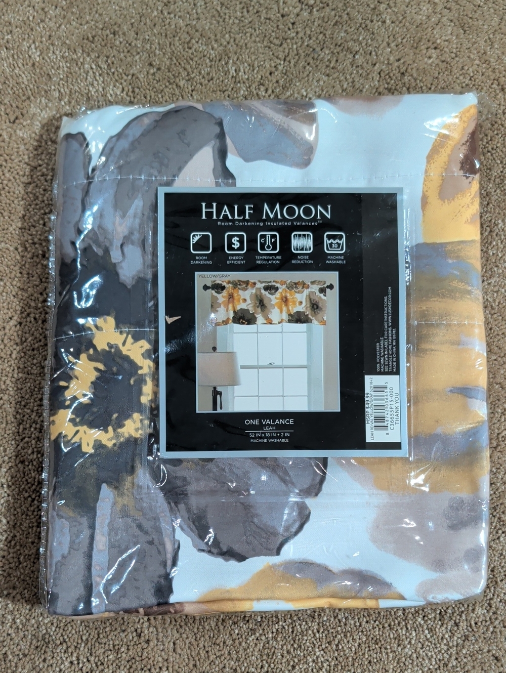 Half Moon Leah  White, Grey, Cream And Yellow Floral Valance 52x18. NWT